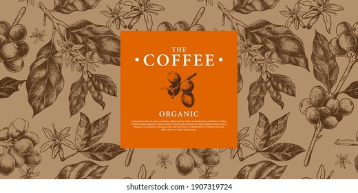 Pattern Coffee Branch, Beans, and Flower in Hand Drawing Style Template for Background Cover Packaging Brand Coffee