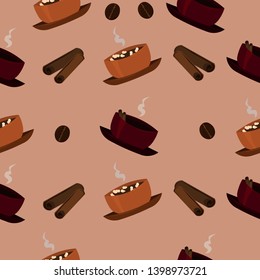 Pattern of coffee, cinnamon, marshmallows on a beige background. Design of a coffee shop, cafe, menu, banner.
