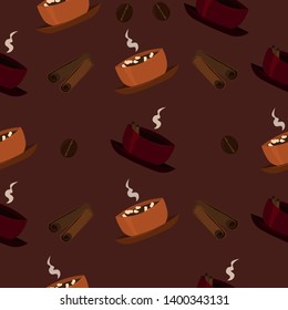 Pattern of coffee, cinnamon, marshmallows on a brown background. Design of a coffee shop, cafe, menu, banner.
