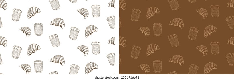 Pattern of coffee and Croissant. 100% hand drawn vector image.