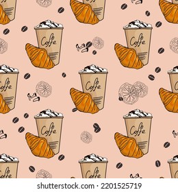 Pattern of coffee, croissants, food for wine. Menu seamless illustration. coffee houses as a blank for designers, logo, icon, label