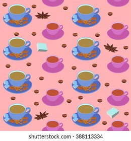 Pattern coffee cup with coffee beans and cinnamon