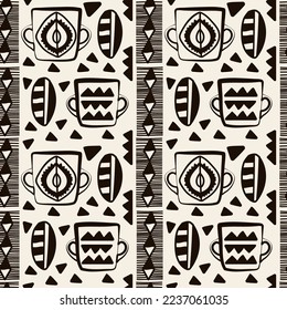 A pattern with a coffee cup and beans in an ethnic African style. Geometric ornament, brown, beige, light pink. cafe, restaurant. coffee machine. Can be used in textile design, wrapping paper.