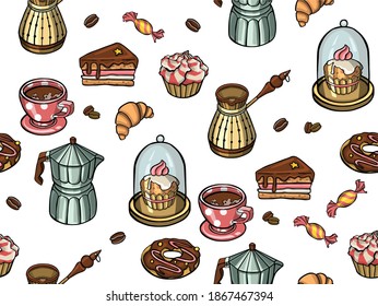 Patrón con café, taza, croissants y otra buena ilustración horneada
