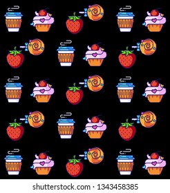 Pattern coffee, cupcake, strawberry, candy. Tasty