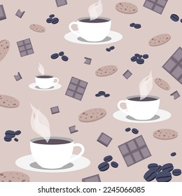 Patrón con tazas de café, granos de café, galletas y chocolate. Ilustración vectorial. 