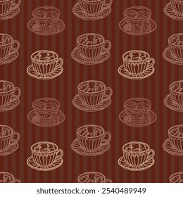 A pattern of coffee cups. Vector illustration. An assortment of coffee cups for fabric.