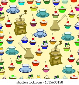 Pattern with coffee grinder, coffee maker, cup and saucer, muffin. For design.