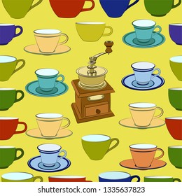 Pattern with coffee grinder, coffee maker, cup and saucer, muffin. For design.