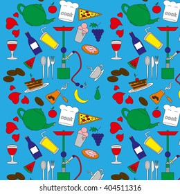 Pattern with a coffee house, an illustration of objects of kitchen, a hookah and coffee , a cup and a glass of wine, a dessert with cherry, a background for kitchen,  
