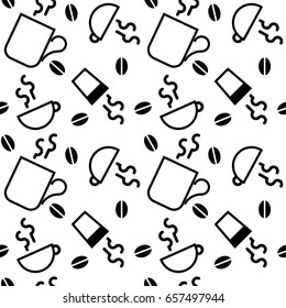 Pattern with coffee motives in white color in the background. Material for card design, textile, background, wallpapers, wrapping paper, texture, vintage