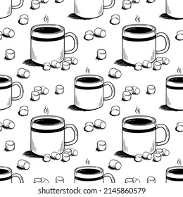Pattern with coffee mugs and marshmallows in doodle style on a white background Vector illustration