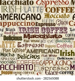 pattern with coffee names / Seamless pattern with retro coffee name typographical Background


