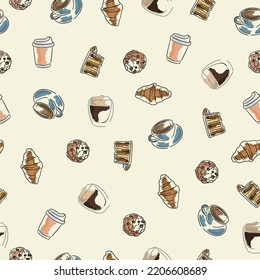 Pattern. Coffee and pastries. Vector graphics