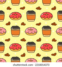 Pattern coffee and pink donut. Vector hand drawn doodle style cartoon character illustration icon design. Pattern coffee pink donut coffee beans friends concept