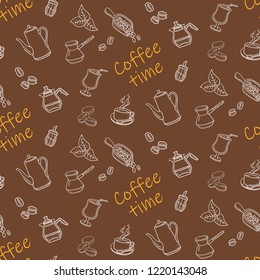 Pattern with coffee set. Illustration in Linear Engraving Style. Hand drawn illustration. Coffee time