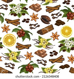 Pattern with coffee and spices.Coffee, spices, chocolate and lemon slices in a seamless vector pattern on a transparent background.