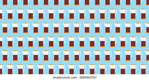 Pattern with coffee teapots on a blue background.  Morning coffee concept. Can be used as a background. Minimalistic vector image.