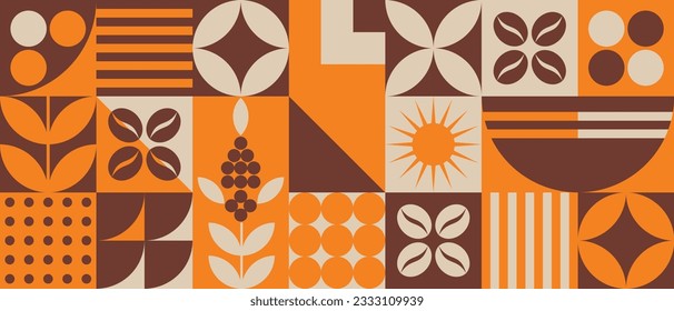 Pattern with coffee theme in geometric minimalistic style. Print with abstract shapes. Illustration for cover design, food package, menu, background, café wall, coffee shop, banners.