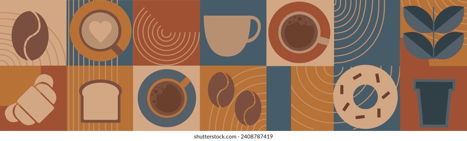 Pattern with coffee theme in geometric minimalistic style. Print with abstract shapes. Illustration for cover design, food package, menu, background