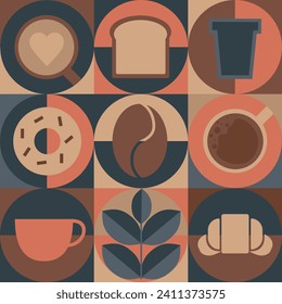 Pattern with coffee theme in geometric minimalistic style. Print with abstract shapes. Illustration for cover design, food package, menu, background