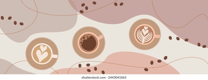 Pattern with coffee theme in geometric minimalistic style. Print with abstract shapes. Illustration for background, web banner