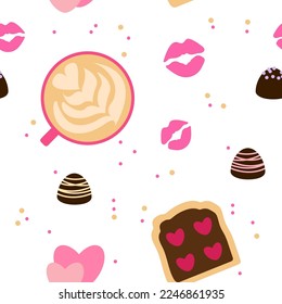 Pattern with coffee, toast, kisses, sweets. Wrapping. Color vector illustration.