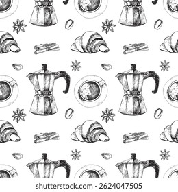 pattern with coffeemaker, coffee, croissant, spice