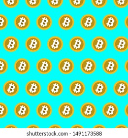Pattern from coins bitcoin on a bluish green background. Mining of crypto-currencies. Vector illustration.