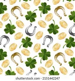 Pattern of coins, clover and horseshoe.Coins, clover and horseshoes on a transparent background in a color vector pattern.