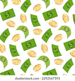 Pattern with coins and paper money.Vector seamless pattern with paper money and gold coins on a transparent background.