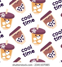 A pattern with cold drinks of bubble tea and iced coffee and milk in cheerful cups. Flat design with cold drinks. Time to cool down. Printing on the packaging for cafes and caffeine