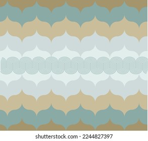 A pattern in cold neutral tones with wavy line in center. Blue, sand, brown colors