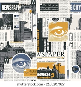  pattern with a collage of magazine and newspaper clippings. Abstract vector background with illegible text, illustrations, headlines and human eyes. Wallpaper, wrapping paper, fabric design