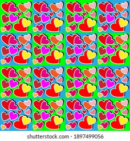 Collage de patrones de corazones multicolores con un contorno blanco sobre un fondo brillante