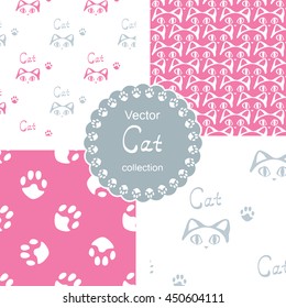 Pattern collection with cat. Seamless doodle background set with word CAT written by hand