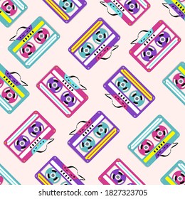 Pattern of collection of colorful plastic audio cassette tapes. vector illustration.