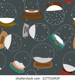 The pattern of the collection of glass balls Merry Christmas. Santa Claus, bear, snowman, sleigh with gifts, Christmas tree, penguin, car with Christmas tree, house, gingerbread. Vector illustration