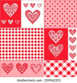 pattern with collection hearts in vintage patchwork style. 10 eps