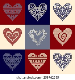 pattern with collection hearts in vintage patchwork style. 10 eps