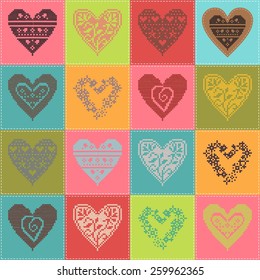 pattern with collection hearts in vintage patchwork style. 10 eps