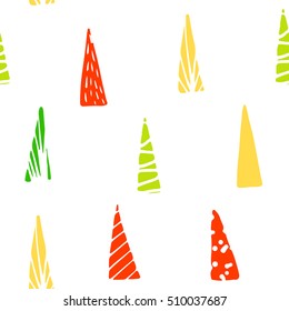 Pattern with color abstract fir-trees on white background. Christmas seamless ornament for textile and wrapping. Vector