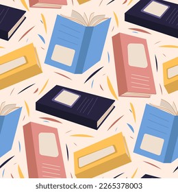 A pattern from color books. Book fair, packaging with books, bright covers. Background for packaging. Congratulations to the graduates of 2023 background postcard. A library of books.