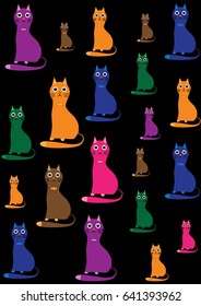Pattern from color cats on black background