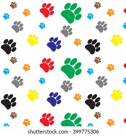 Pattern color dog animal foot print. Print paw and footprint, pet wildlife, cat walk trace. Vector flat design illustration