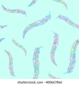 Pattern of the color feathers on the blue background. Vector vintage hand drawn illustration in bohemian style. Image for textile, fashion, wrappering paper, fabric, web design, wallpaper.