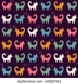 Pattern with color funny cats in love. Vector illustration