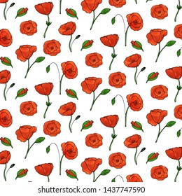 Pattern of color hand drawn poppies. Poppy flowers background. Watercolor vector  wildflowers.