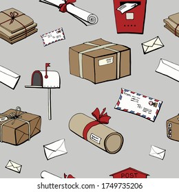 The pattern and color images on the subject of delivery, mail, parcels and letters on a gray background. Handwritten graphic technique