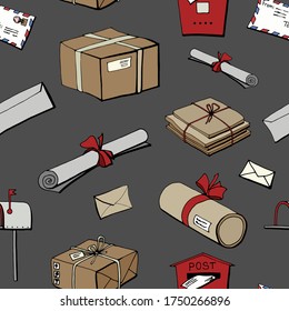 The pattern and color images on the subject of delivery, mail, parcels and letters on a dark gray background. Handwritten graphic technique